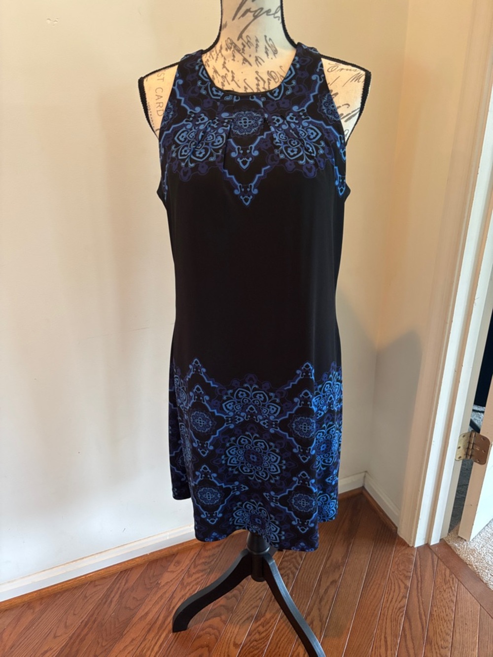 White House Black Market Sleeveless Black Dress with Blue Pattern - Women